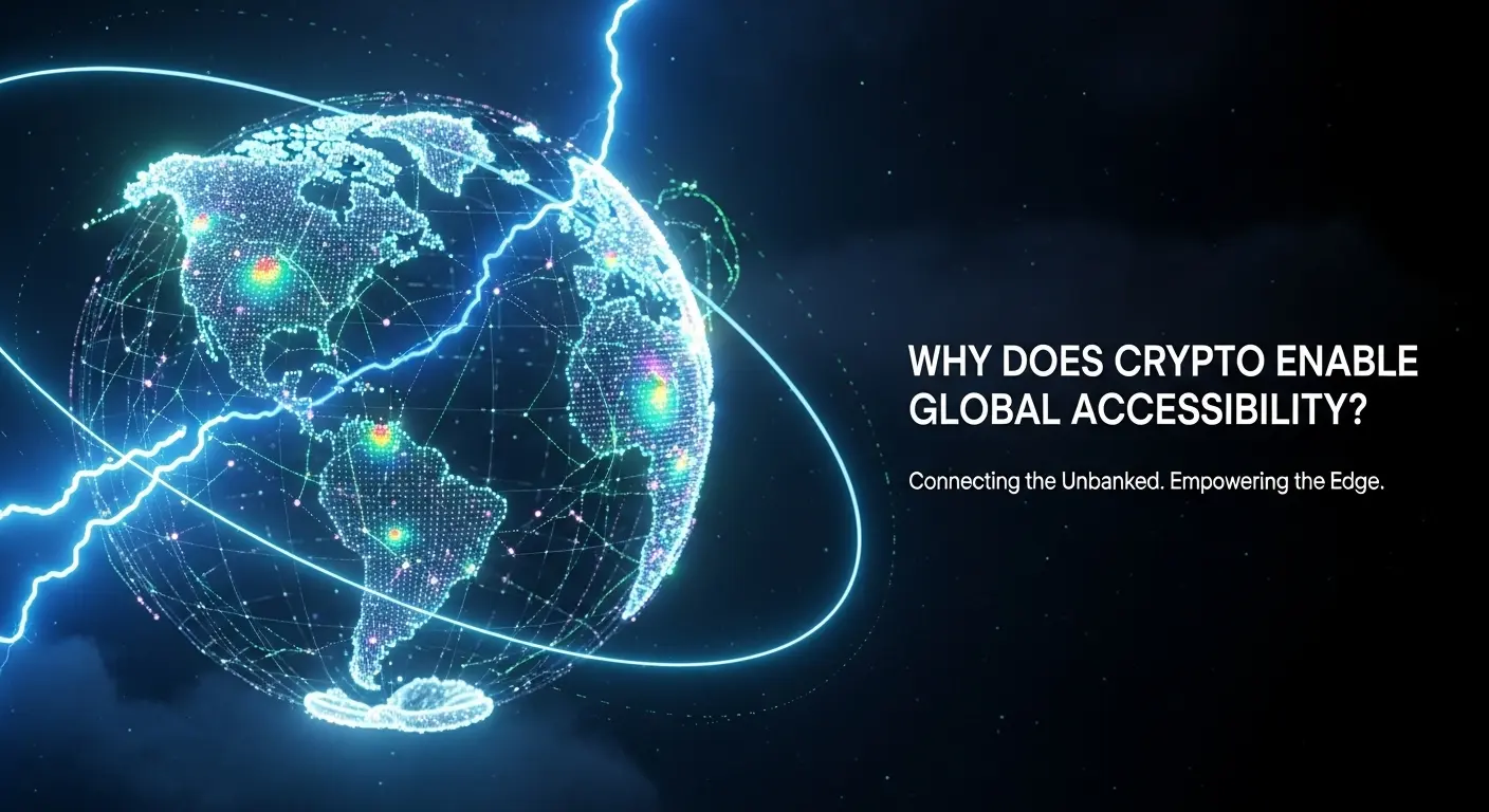 Wireframe globe with electric blue lightning and glowing data lines across continents, symbolizing crypto’s role in global accessibility and empowering the unbanked