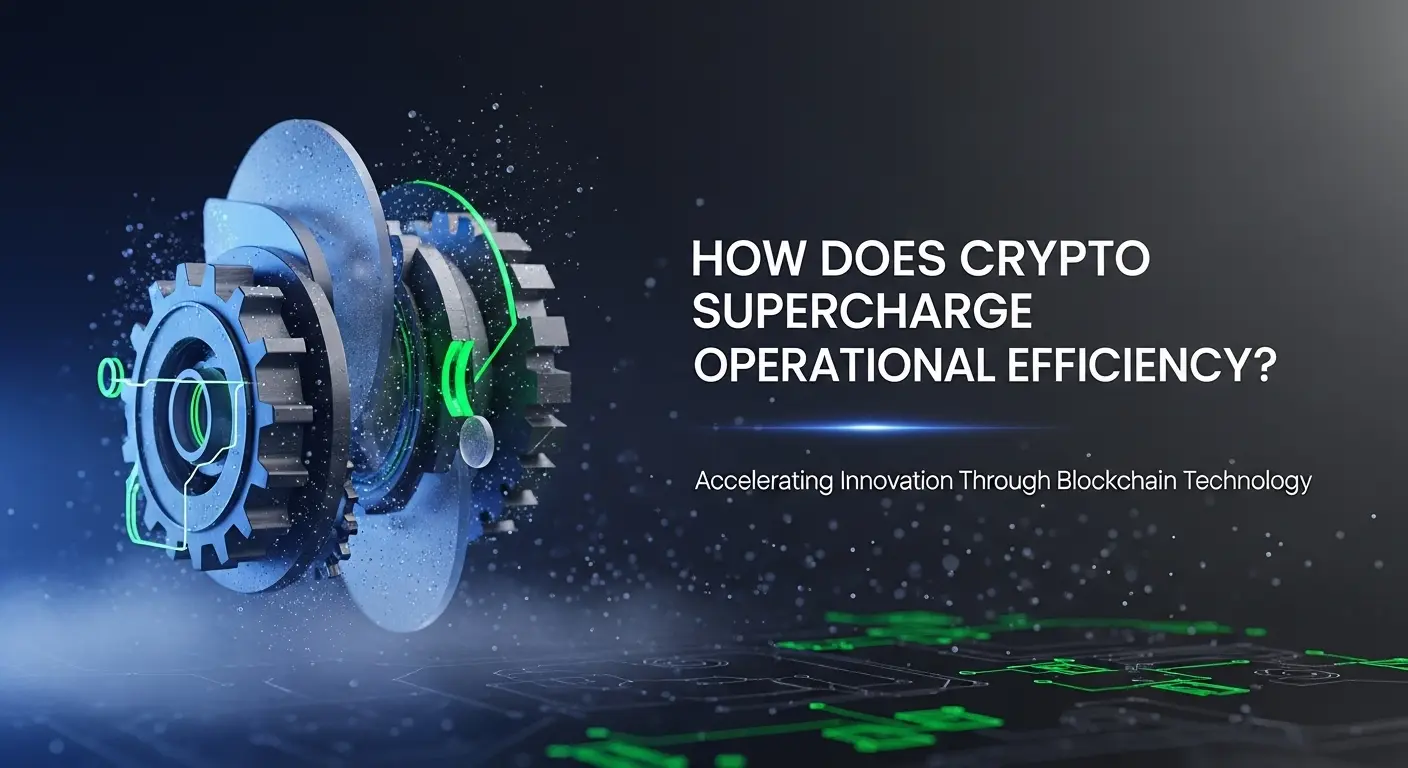 Dark blue gears with water droplets and glowing circuit patterns illustrating blockchain technology accelerating operational efficiency