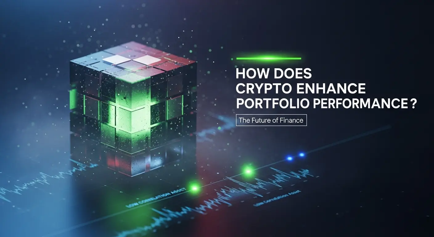 Glowing green cube with line graph labeled 'Low Correlation Asset' and title 'How Does Crypto Enhance Portfolio Performance?' on futuristic blue background
