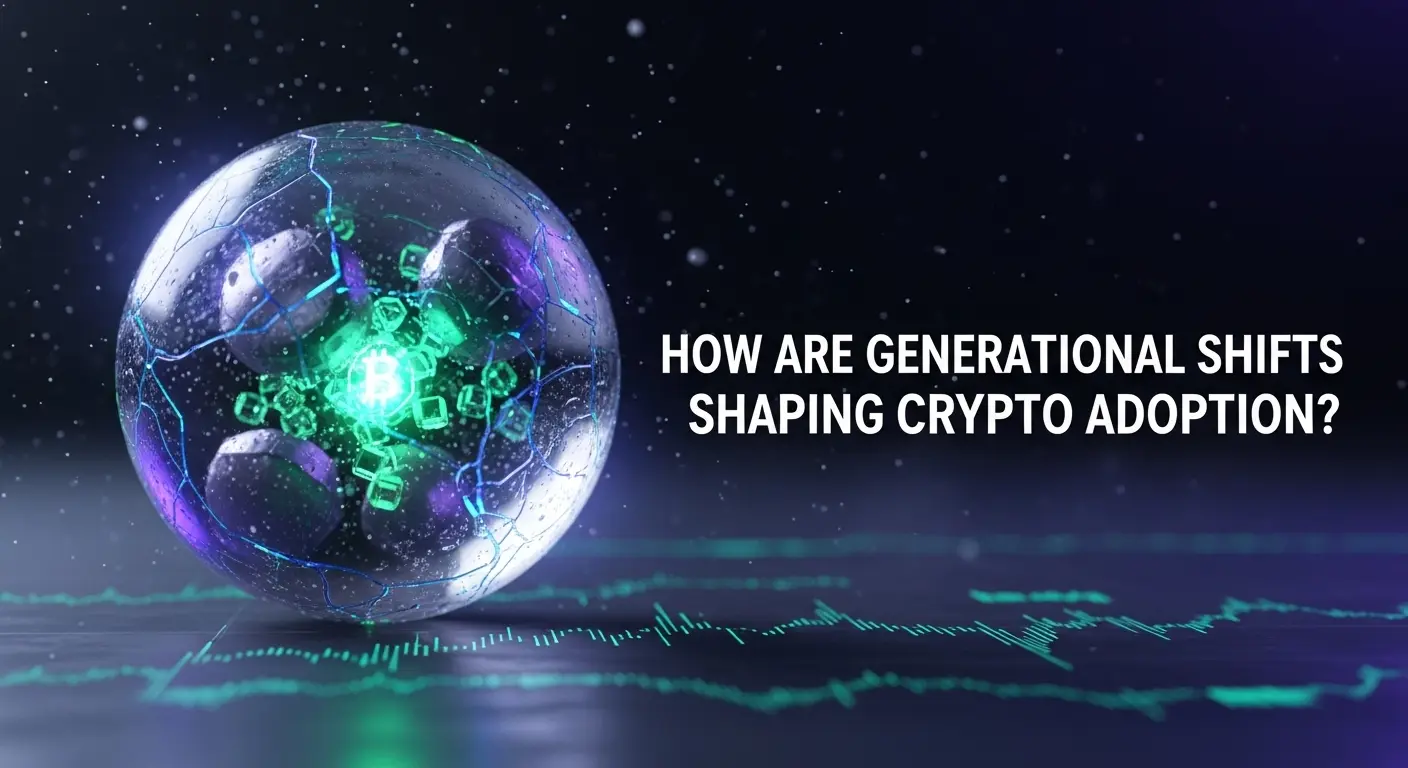 Glowing green and blue digital sphere with starry background and text 'How Are Generational Shifts Shaping Crypto Adoption?