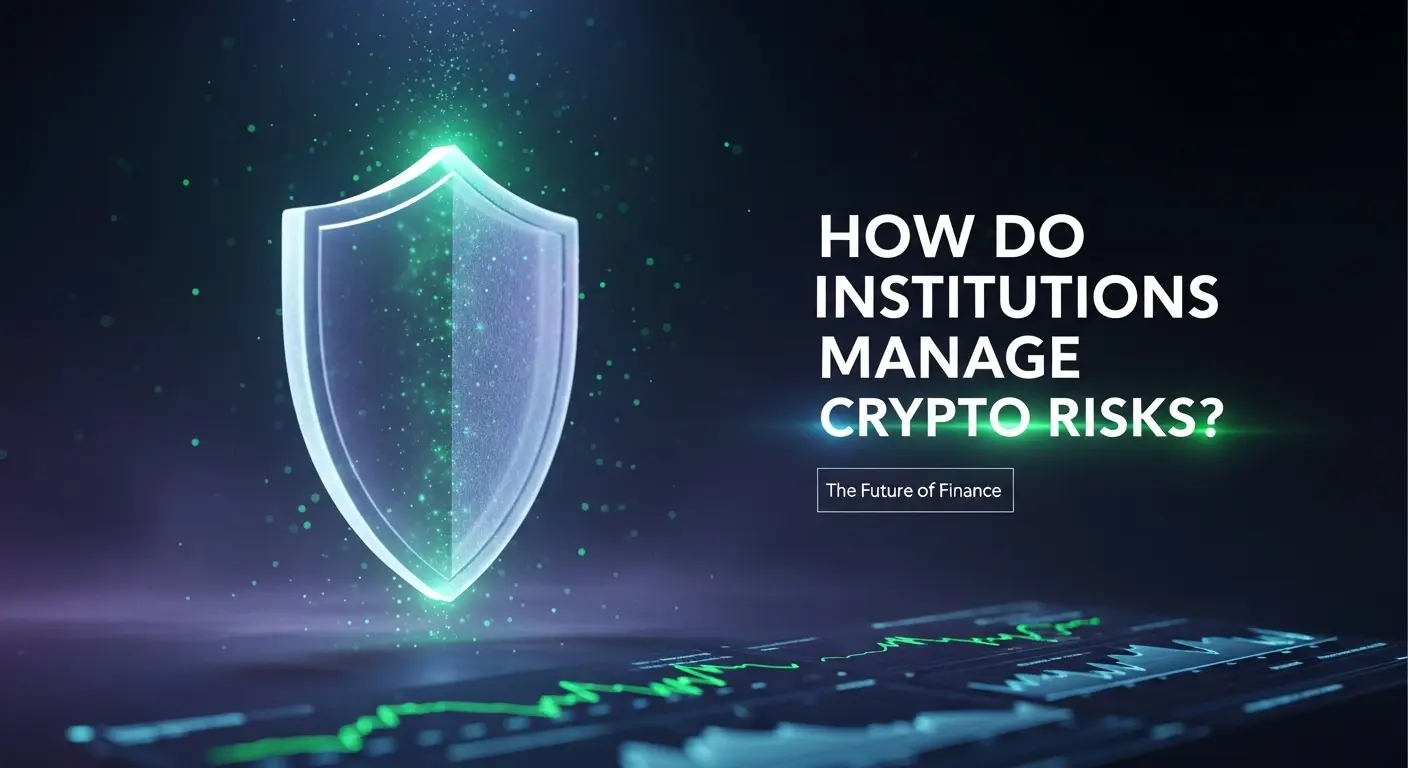 Glowing teal shield with crypto risk line graphs and text 'How Do Institutions Manage Crypto Risks?' on dark digital background