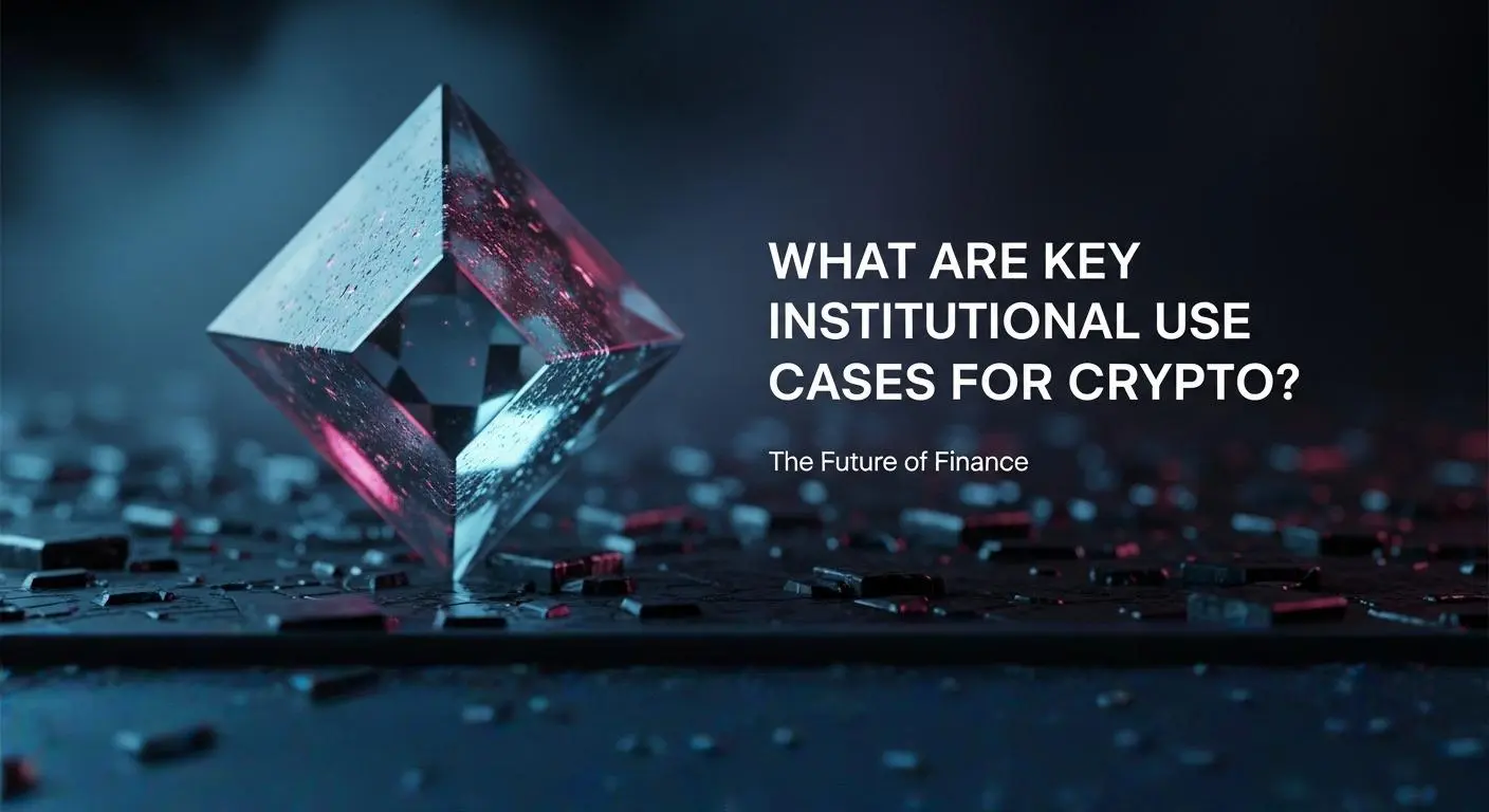 Glass-like pyramid on shattered dark surface with glowing pink and blue light and text 'What Are Key Institutional Use Cases for Crypto?