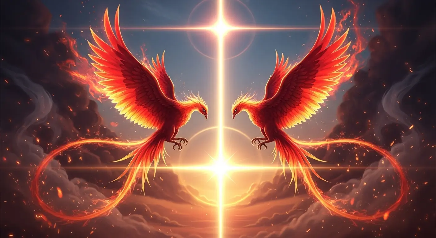 Two vibrant phoenixes with glowing feathers face each other beneath twin crypto starbursts in SparkDEX fantasy scene