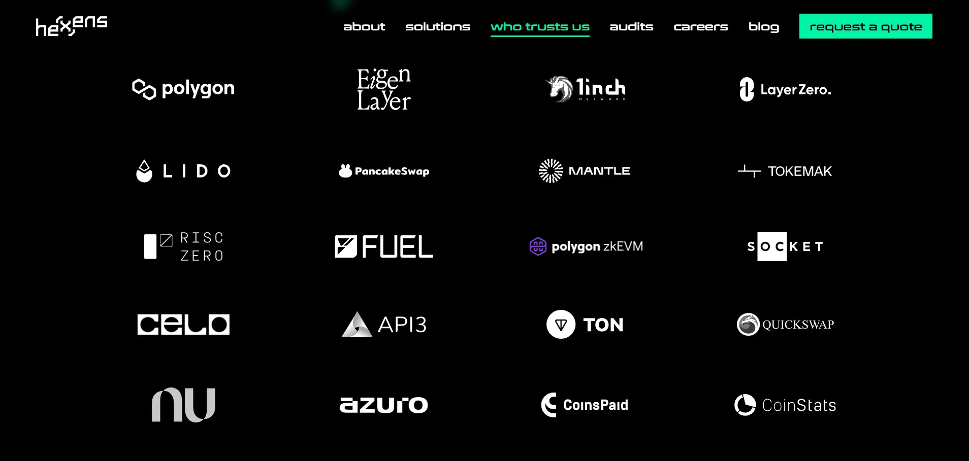 Dark-themed digital interface with navigation menu and grid of 20 logos including Polygon, EigenLayer, LayerZero, LIDO, and QuickSwap, representing trusted blockchain partners.