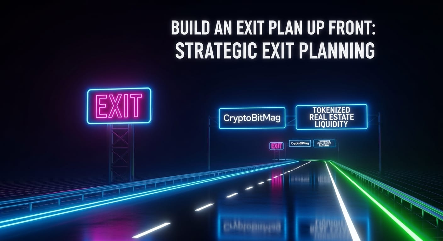 Neon highway at night with large EXIT sign and boards reading “Tokenized Real Estate Liquidity”—visual cue for redemption and secondary transfer planning.
