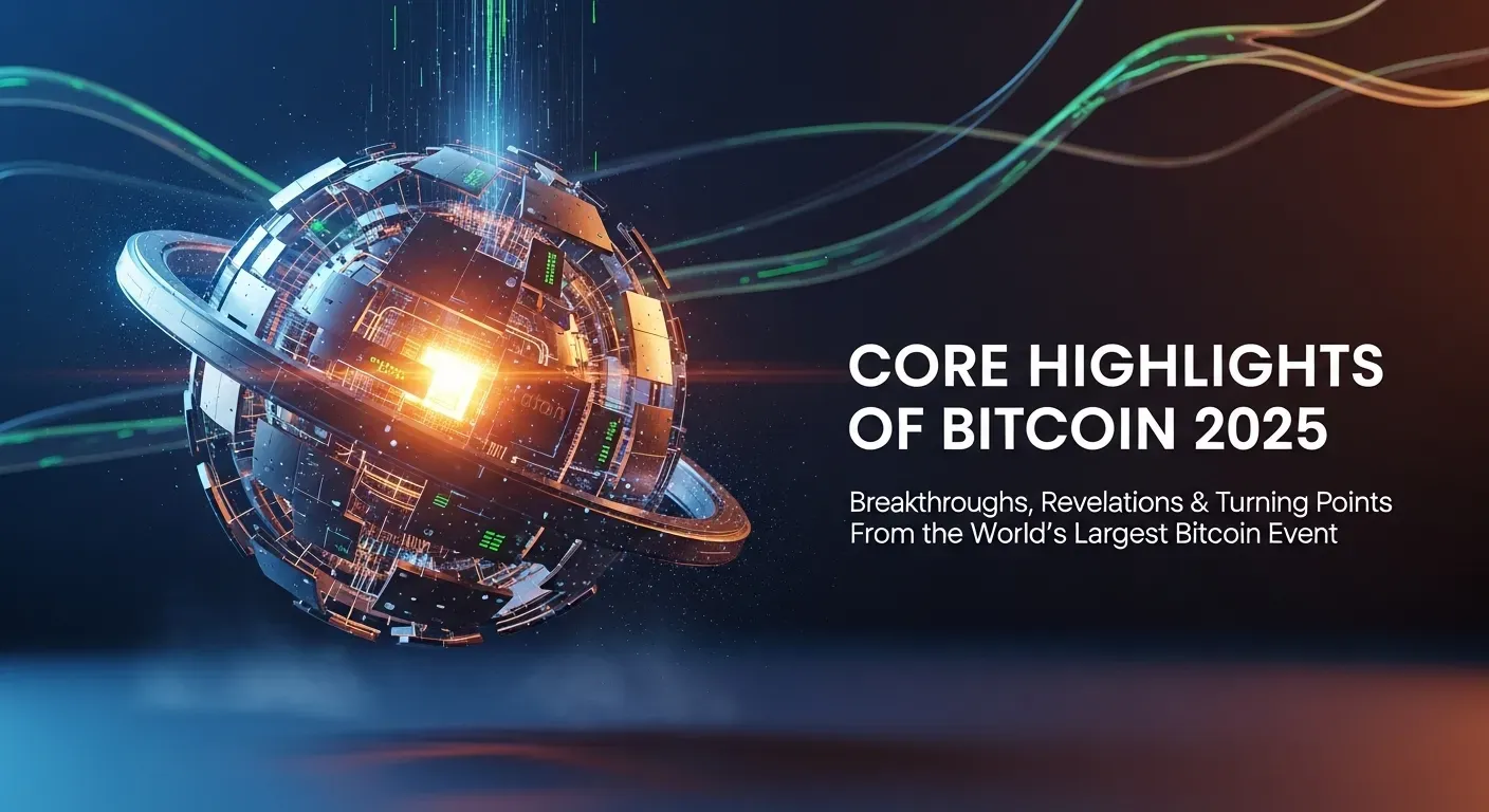 Dark blue digital globe with glowing orange-yellow rings and light beams, symbolizing Bitcoin 2025 breakthroughs, alongside bold white text on a dark gradient background.