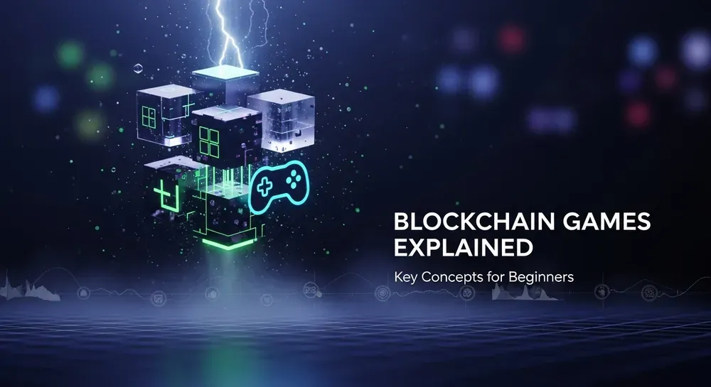 Dark futuristic digital illustration of blockchain gaming with glowing cuboid structures, neon gamepad icon, lightning bolt, and circuit board grid, alongside the text “Blockchain Games Explained – Key Concepts for Beginners.”