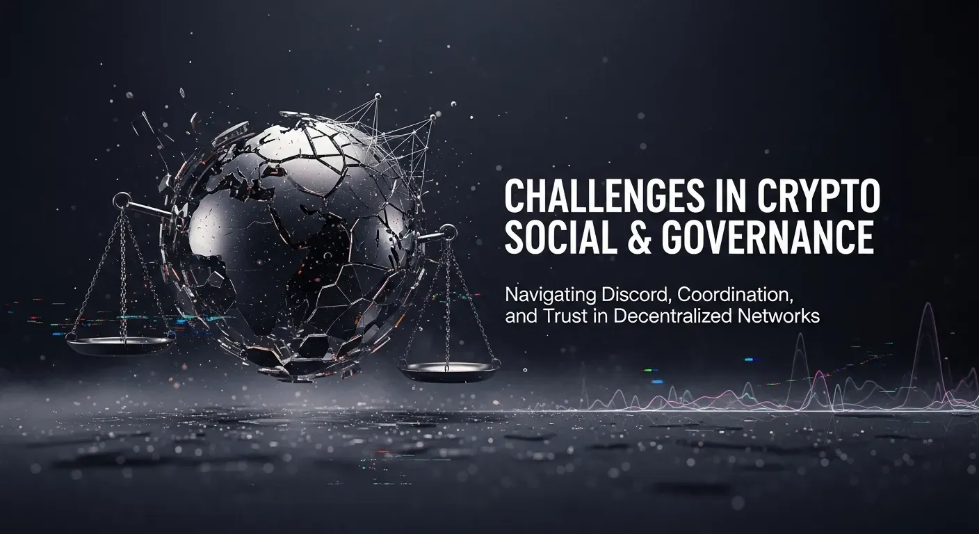 Fragmented metallic globe with scales of justice, surrounded by digital particles and waveform data visualization. Text reads "Challenges in Crypto Social & Governance."
