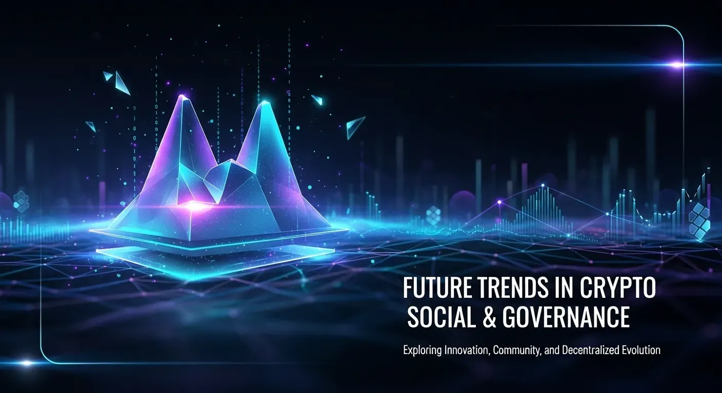 Glowing faceted crystal and geometric data patterns in blue and purple on dark background. Text: "Future Trends in Crypto Social & Governance."