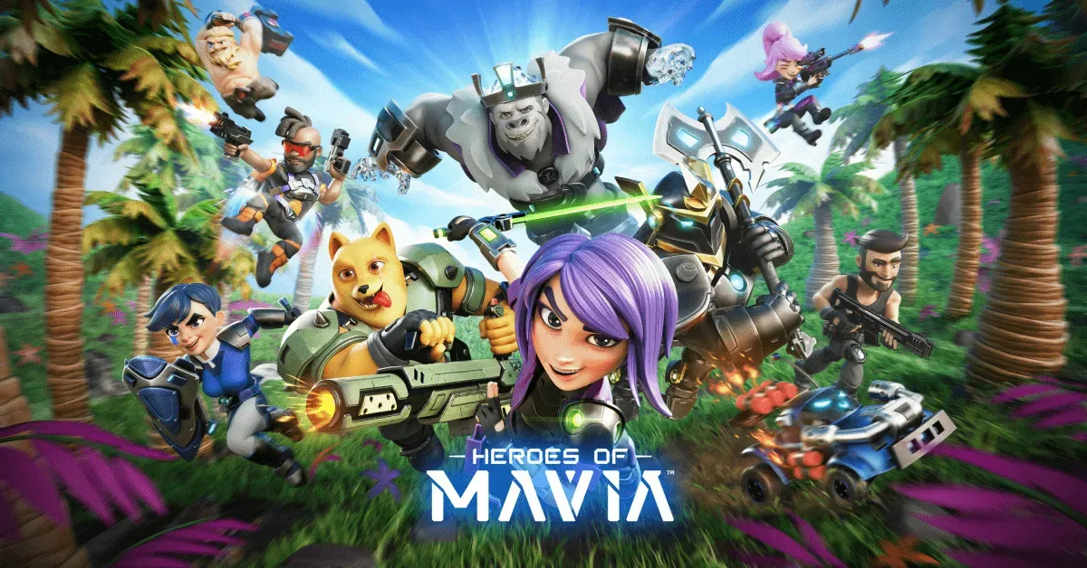 Colorful 3D-rendered characters from Heroes of Mavia, including a purple-haired hero, armored dog, robotic warrior, and various fighters, posed in a tropical battlefield setting.