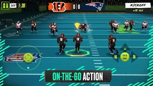 NFL Rivals mobile football gameplay showing a kickoff with players from the Bengals and Patriots, featuring on-screen controls and “On-the-Go Action” text overlay.
