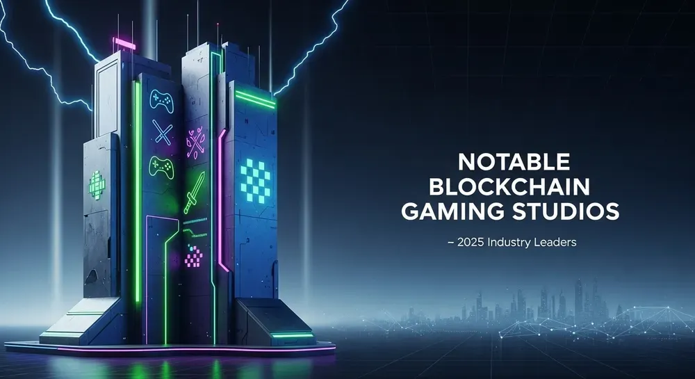 Futuristic neon-lit skyscraper with gaming icons and lightning bolts, representing top blockchain gaming studios of 2025, set against a dark digital cityscape background.