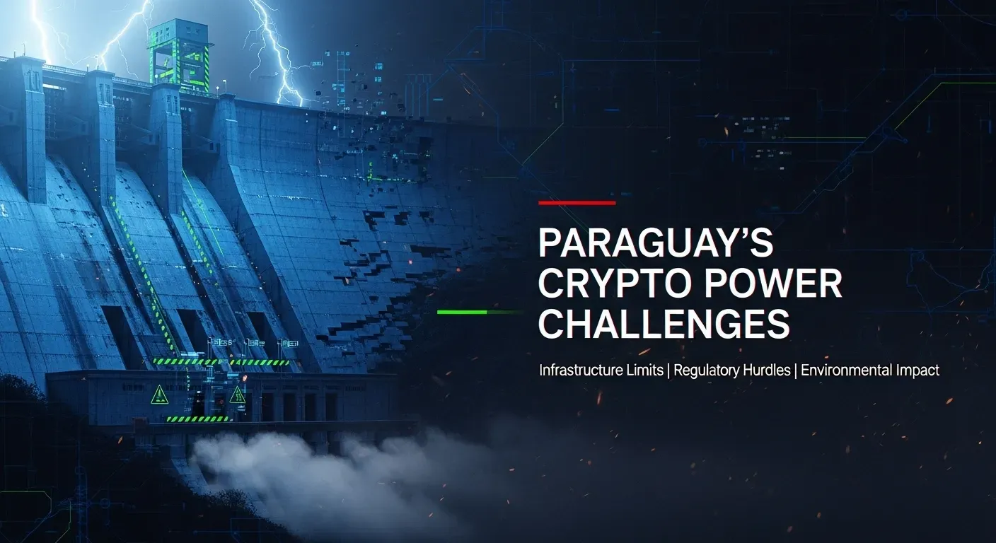 Industrial dam under stormy sky with lightning, green digital circuits, and text on infrastructure and regulatory hurdles.