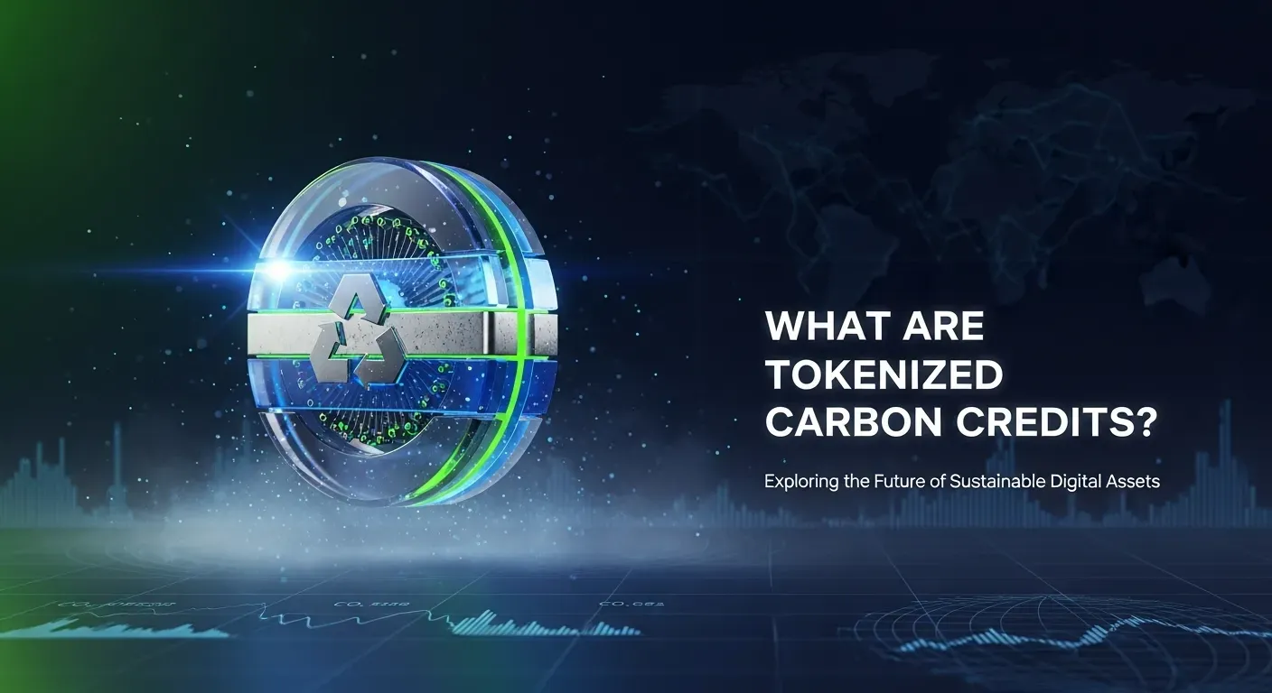 Glowing recycling emblem over a tech background with digital CO2 data and “What Are Tokenized Carbon Credits?” headline.
