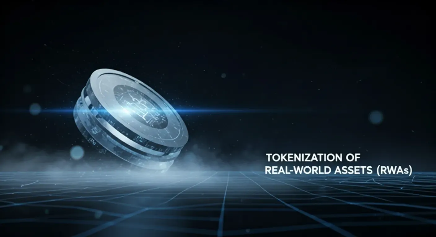 A futuristic digital token or layered cube radiates subtle light refractions and data engravings, symbolizing on-chain asset creation. Mist, parallax particles, and soft holographic highlights create a sense of depth and movement. The headline balances the visual, evoking trust and sophistication for financial audiences.