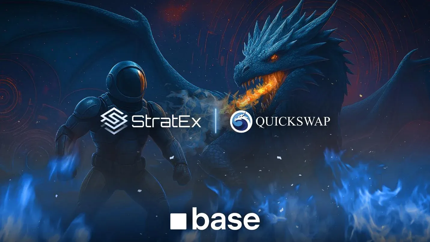 Futuristic astronaut faces fire-breathing dragon with StratEx, QuickSwap, and Base logos symbolizing DeFi innovation