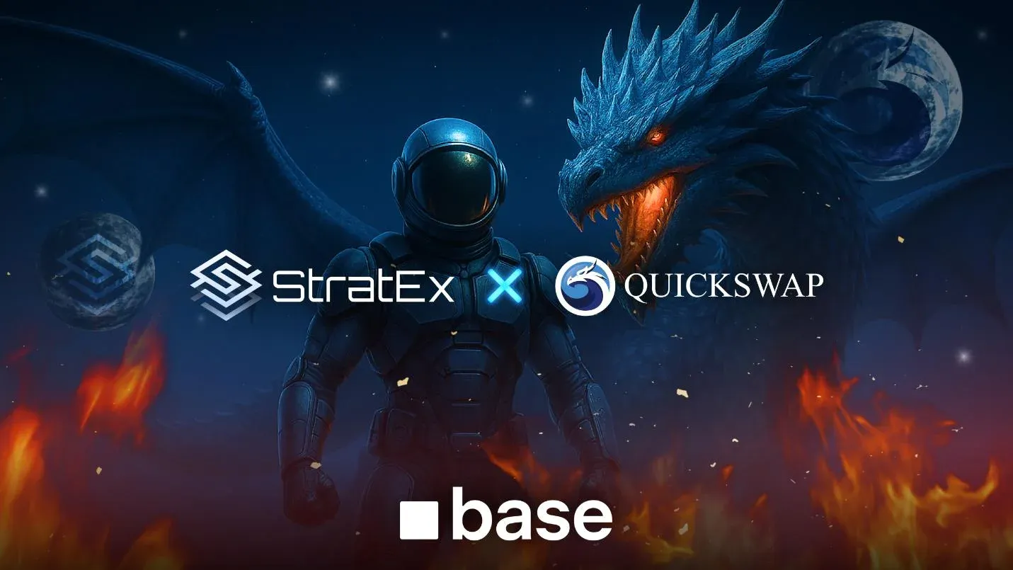 Epic crypto artwork with space-suited warrior, dragon, and StratEx, QuickSwap, Base logos symbolizing DeFi growth