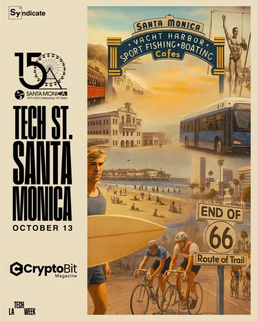 Poster for Tech St. Santa Monica October 13 2025 with surfer, cyclists, beach, Route 66, celebrating 150th anniversary.
