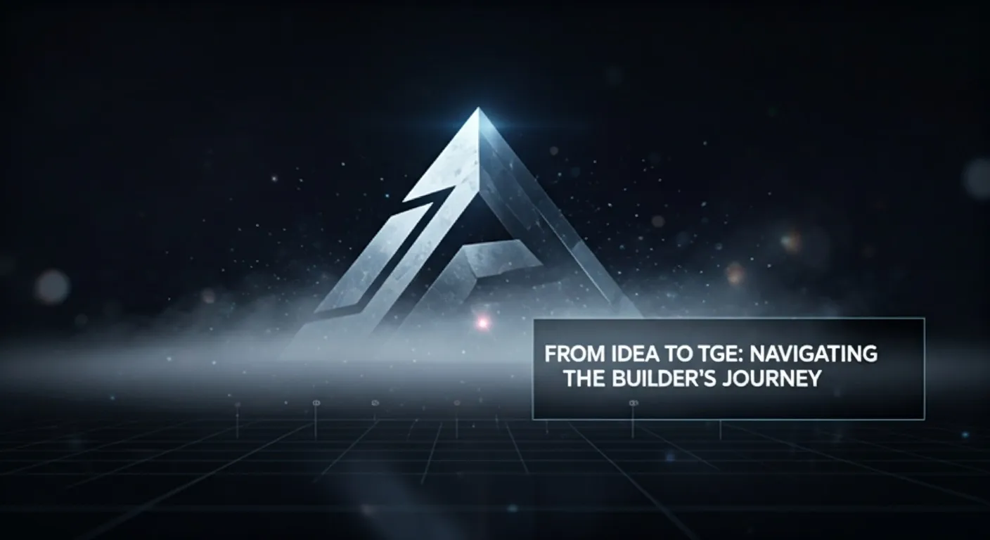 The image features a futuristic, cinematic design centered around a metallic triangular emblem that glows with a soft blue-white light, evoking themes of innovation and precision. The background is dark and atmospheric, filled with floating particles and mist, creating a sense of depth and motion.