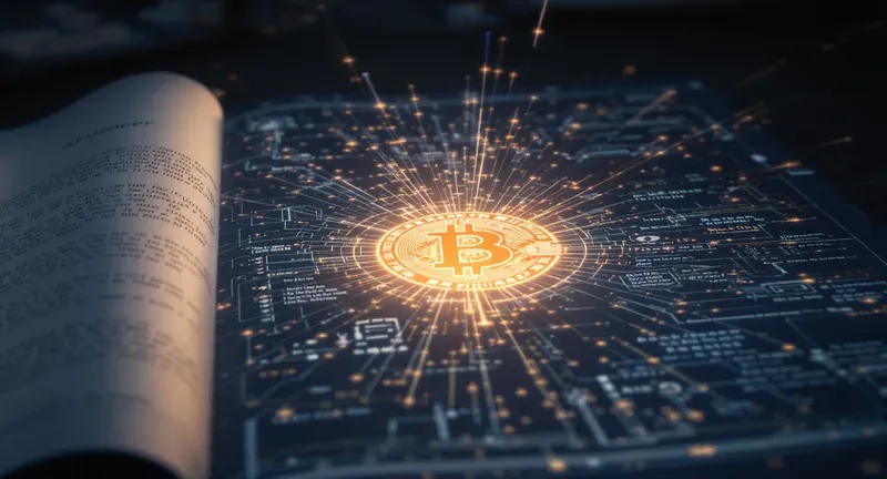 Glowing Bitcoin symbol on Bitcoin whitepaper book page with digital circuit lines