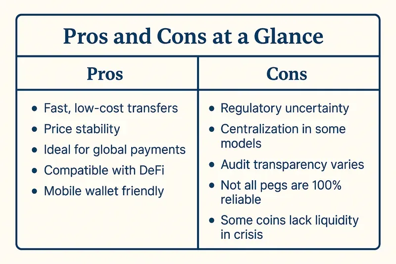 Infographic table showing the pros and cons of stablecoins, with benefits such as fast, low-cost transfers, price stability, global payment capability, DeFi compatibility, and mobile wallet friendliness, alongside drawbacks like regulatory uncertainty, centralization risks, varying audit transparency, unreliable pegs, and liquidity issues during crises.