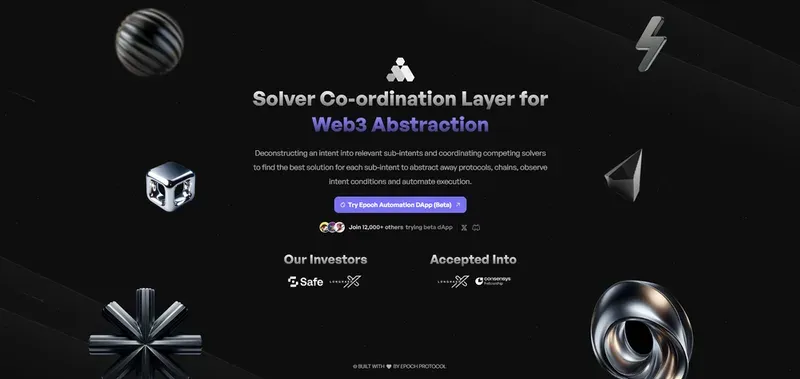 Epoch Web3 Solver Coordination Layer banner with metallic 3D shapes, beta dApp button, and investor logos on black background.