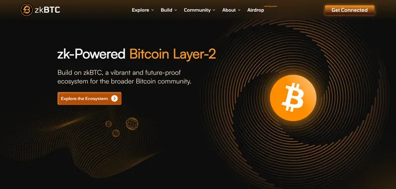 zkBTC website screenshot with black and orange theme, “zk-Powered Bitcoin Layer-2” headline, and glowing Bitcoin symbol graphic.